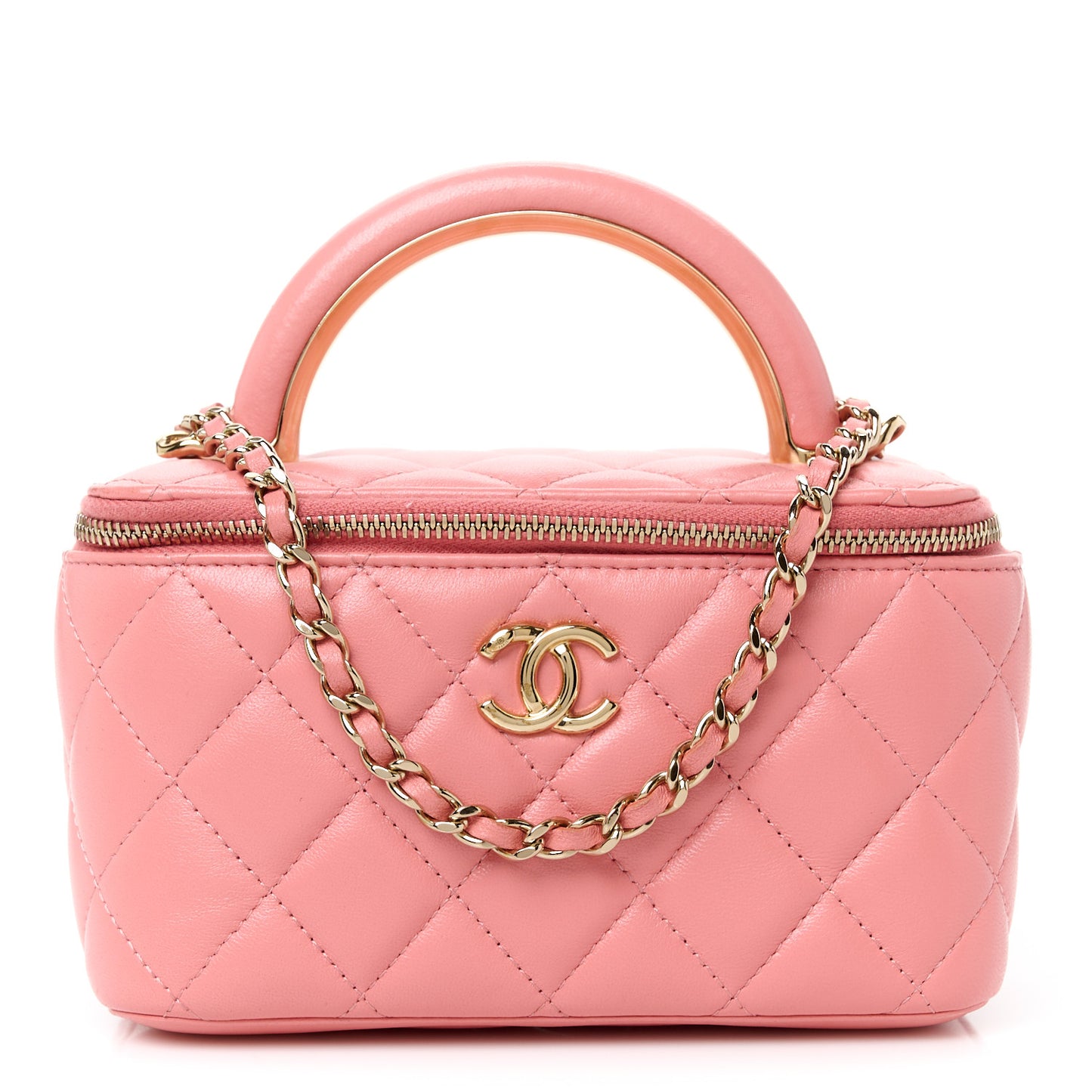 Lambskin Quilted Small Charming Top Handle Vanity Case With Chain Pink