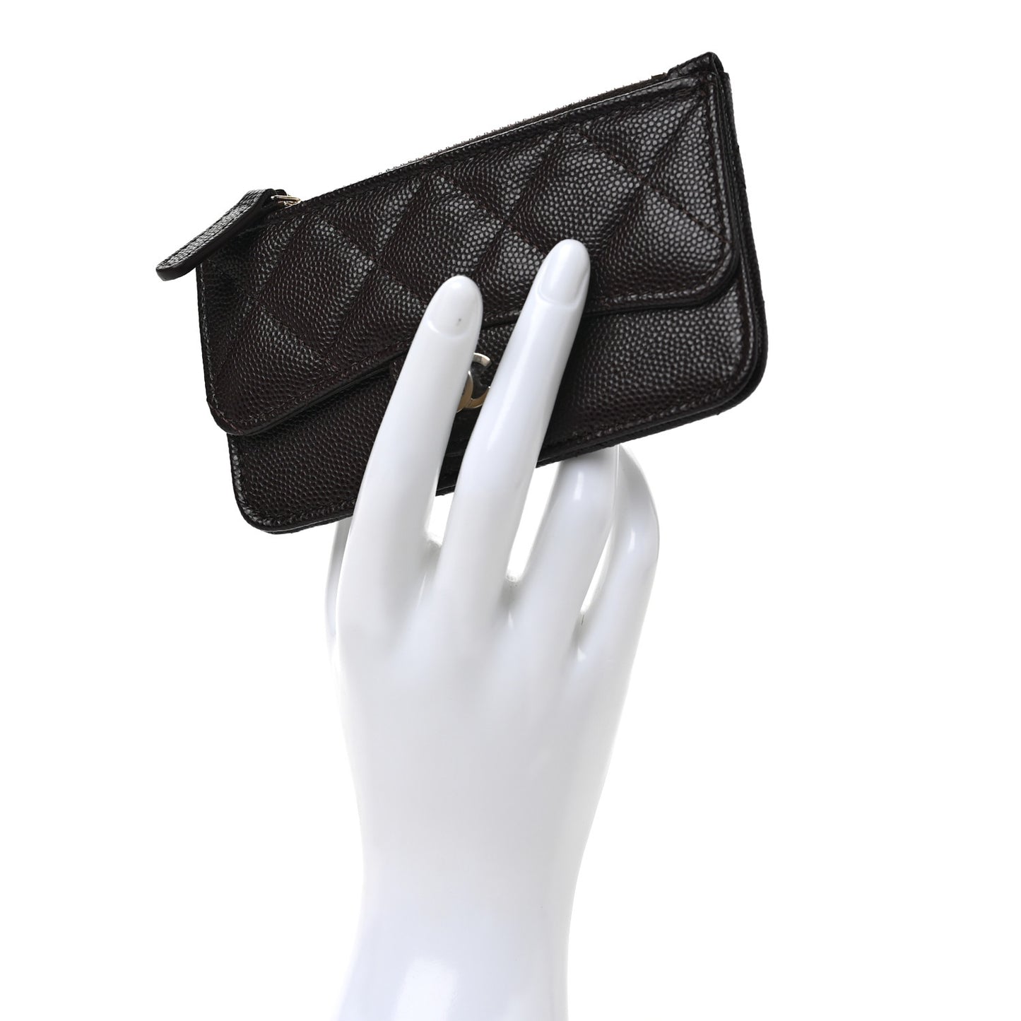 Caviar Quilted Flap Zip Card Holder Dark Brown