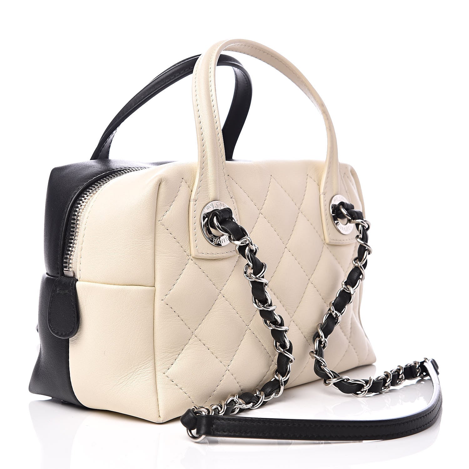 Chanel Calfskin Quilted Feather Weight Bowling Bag Black Ivory 3 of 13