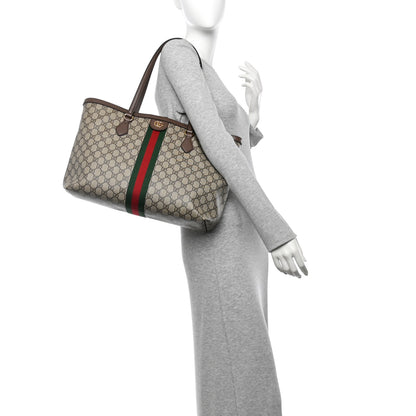 Gucci GG Supreme Monogram Textured Calfskin Web Medium Ophidia Shopping Tote Beige Ebony New Acero 3 of 21