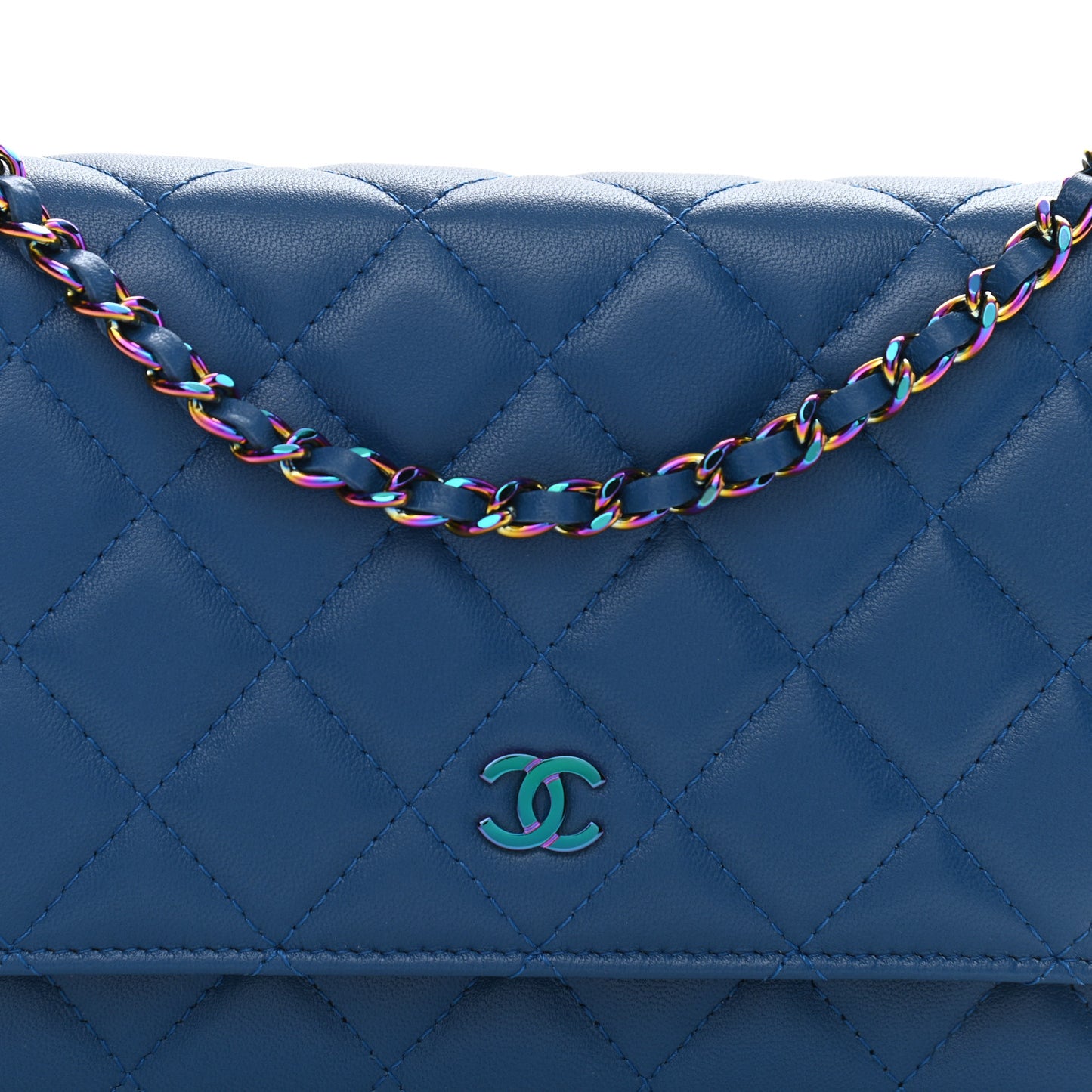 Lambskin Quilted Wallet On Chain WOC Dark Blue Pink