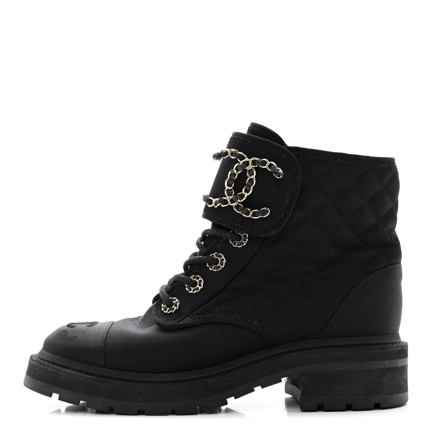 Chanel Fabric Grosgrain Quilted Cap Toe Lace Up Combat Boots 37 Black 1 of 9