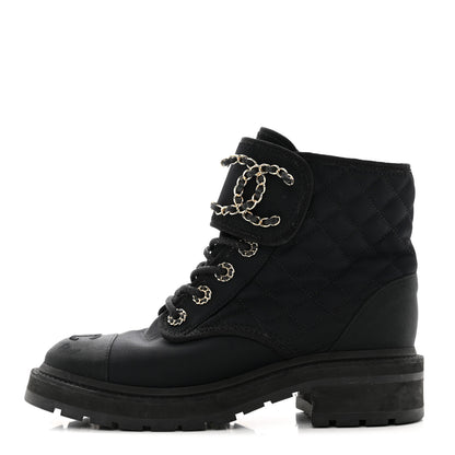 Chanel Fabric Grosgrain Quilted Cap Toe Lace Up Combat Boots 37 Black 1 of 9
