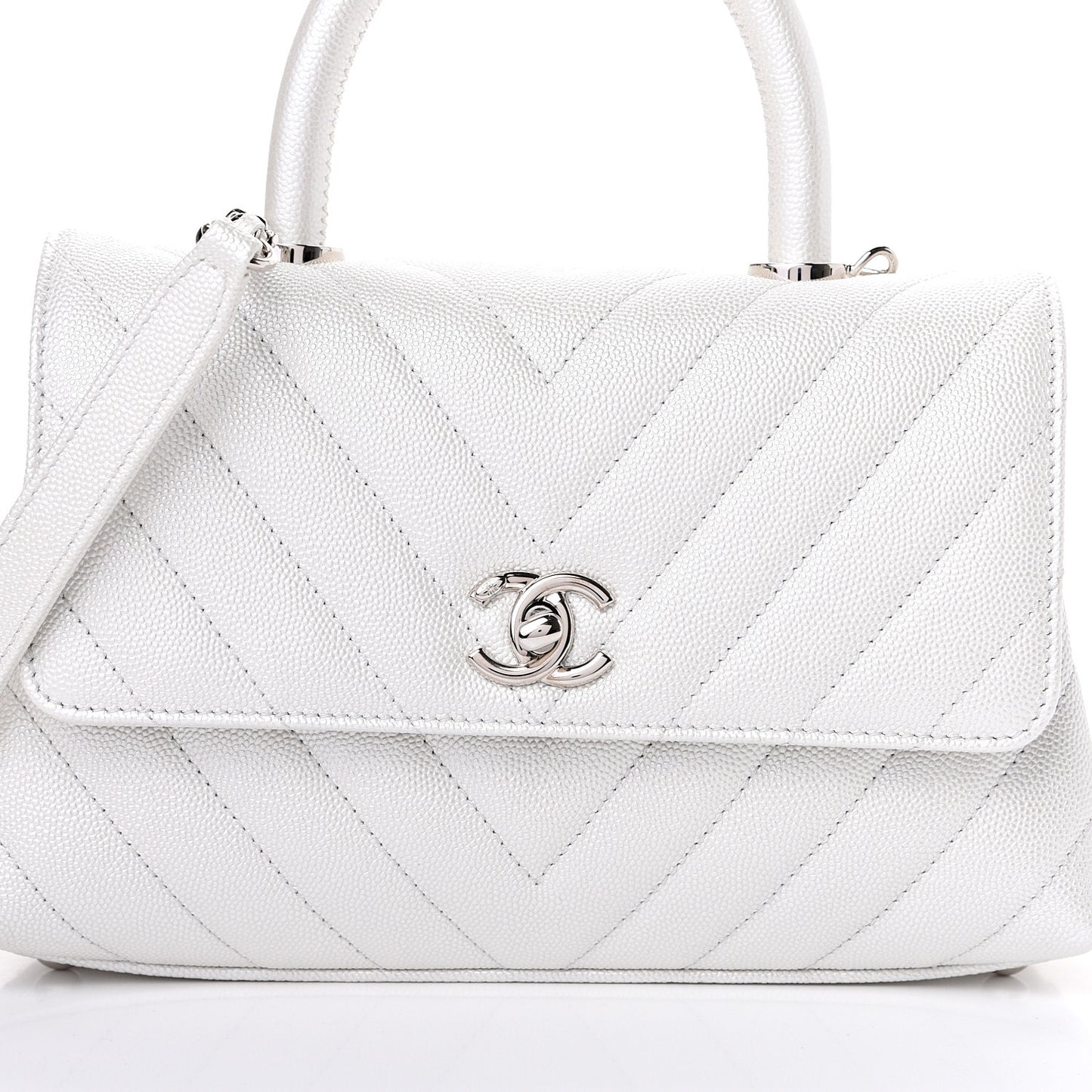 Iridescent Caviar Chevron Quilted Mini Coco Handle Flap White