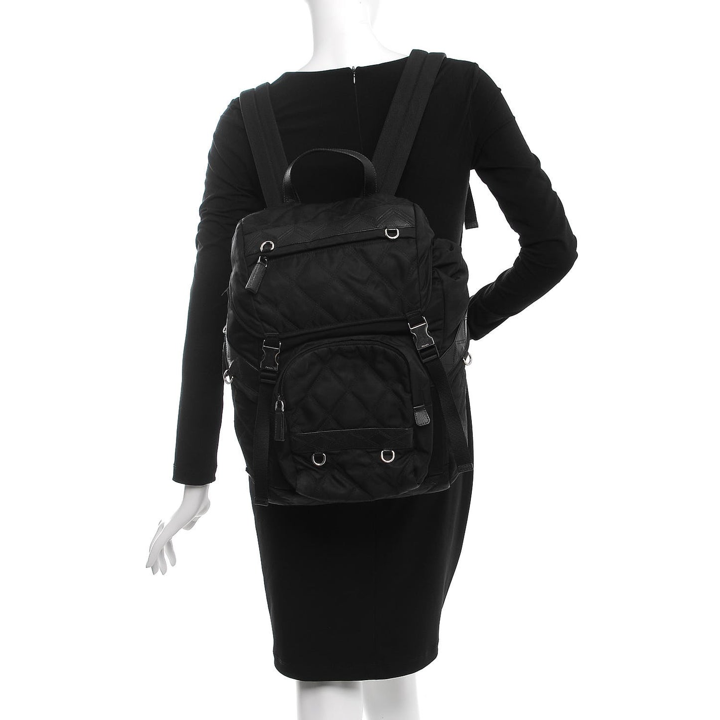 Tessuto Nylon Impunturato Double Buckle Backpack Black