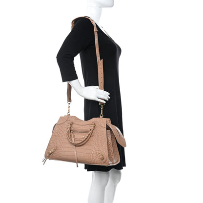 Balenciaga Shiny Supple Calfskin Crocodile Embossed Neo Classic Gold Hardware City Nude Beige 2 of 9