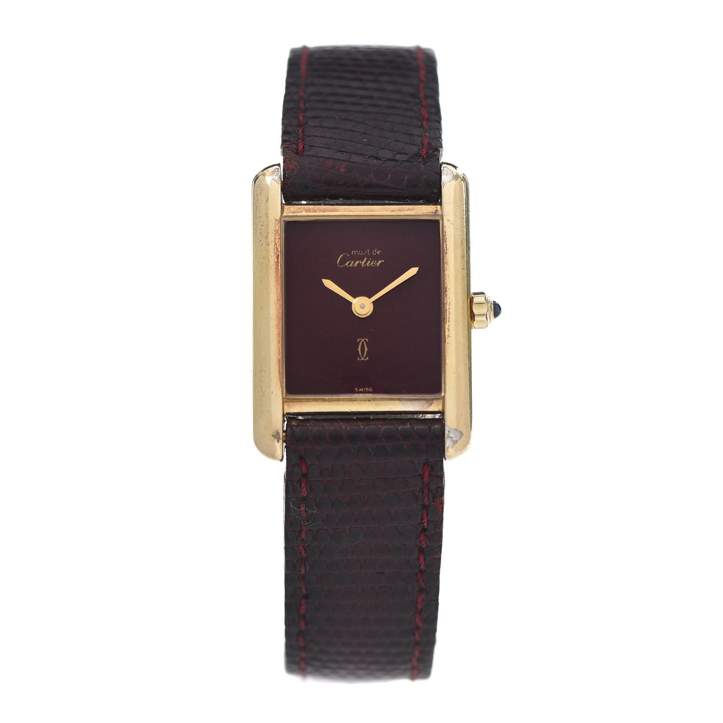 Sterling Silver Vermeil Lizard 20mm Must de Cartier Tank Quartz Watch Brown
