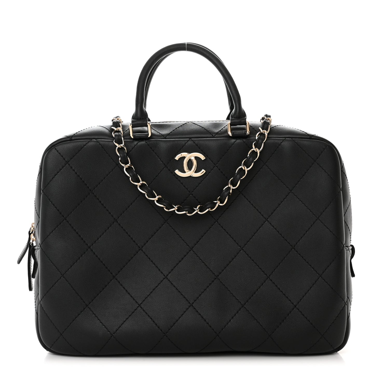 Calfskin Diamond Stitched Top Handle Bowling Bag Black