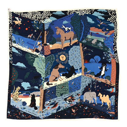 Hermes Cashmere Silk Le Livre D'Esope Shawl 140 Marine Vert Beige 1 of 3