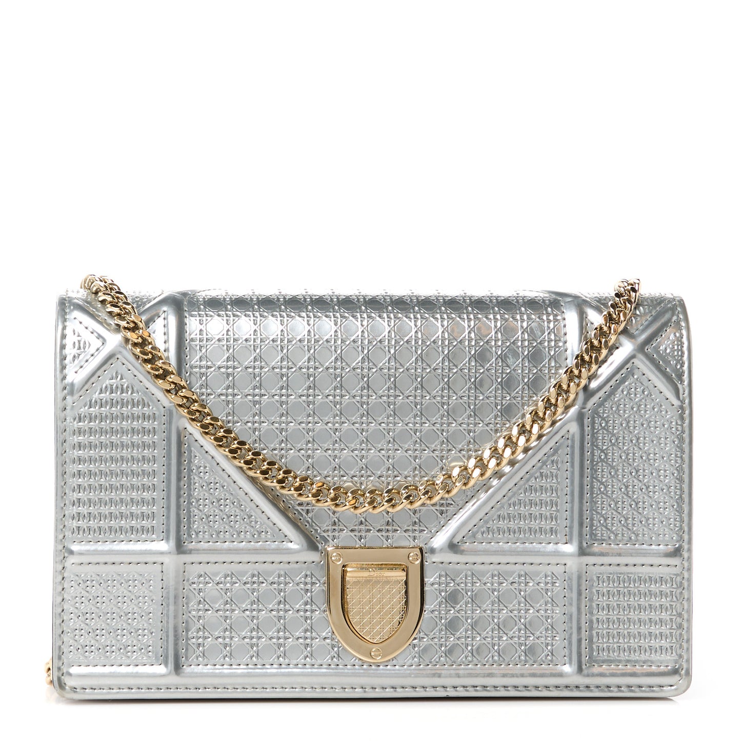 Metallic Patent Micro-Cannage Diorama Wallet on Chain Pouch Silver