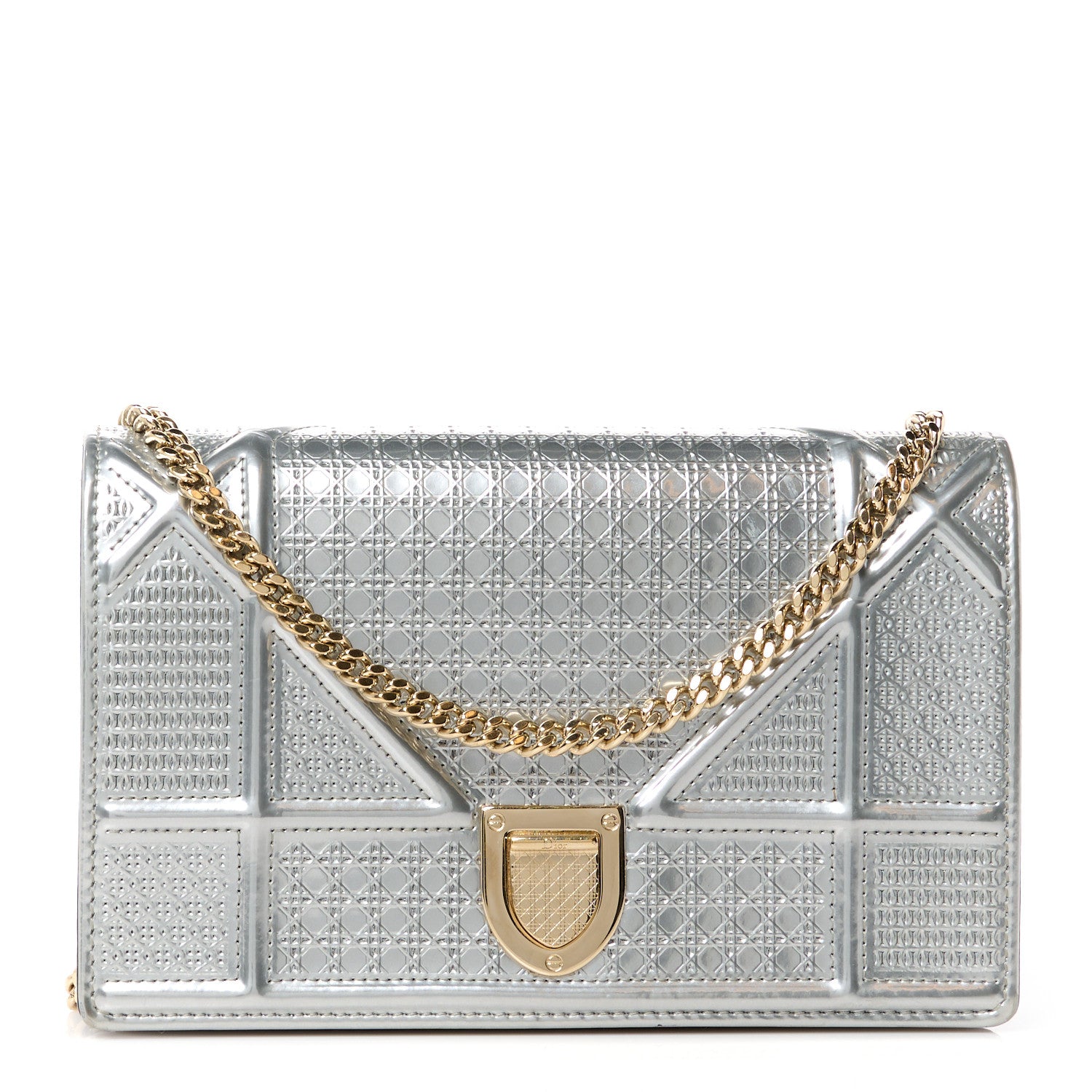 Christian Dior Metallic Patent Micro-Cannage Diorama Wallet on Chain Pouch Silver 1 of 10
