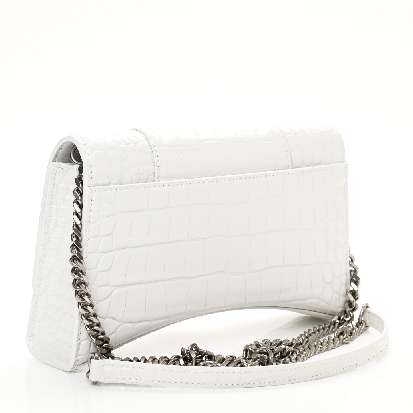 Shiny Calfskin Crocodile Embossed Small Hourglass Evening Chain Bag White
