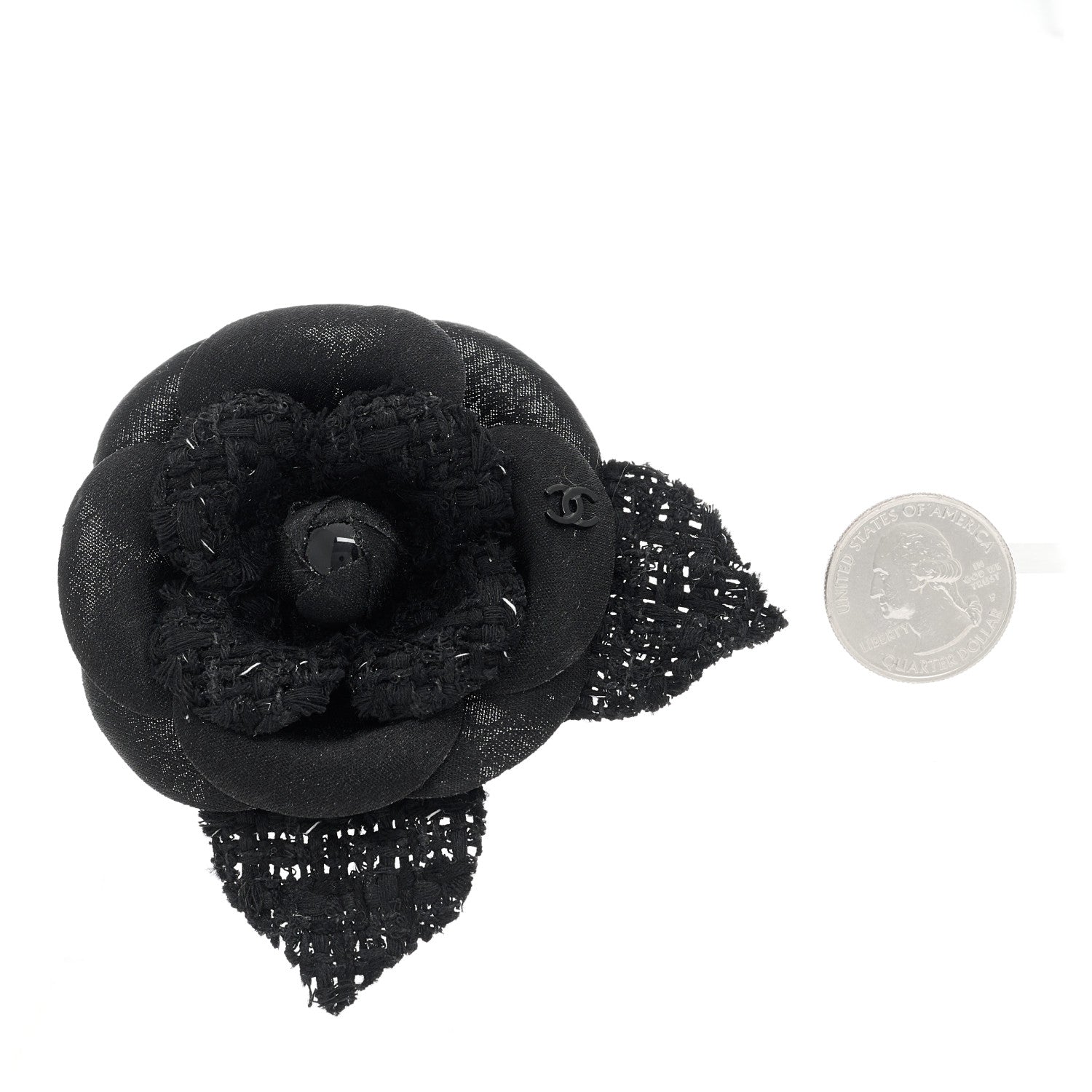 Chanel Tweed Fabric Camellia Pin Brooch Black 2 of 3