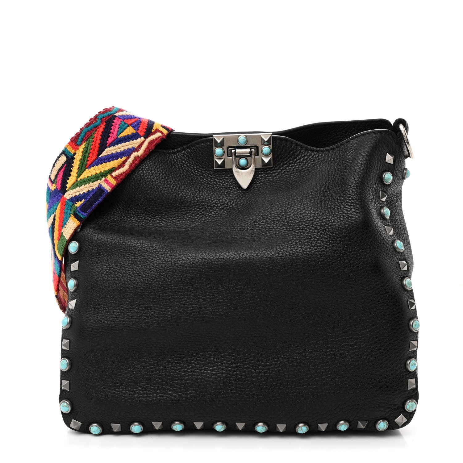 Valentino Garavani Pebbled Calfskin Tribal Small Guitar Strap Rockstud Rolling Flip-Lock Messenger Bag Black 1 of 9