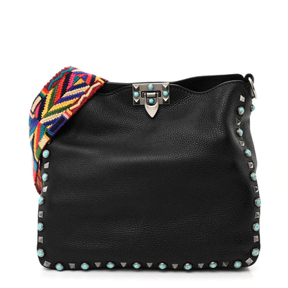 Valentino Garavani Pebbled Calfskin Tribal Small Guitar Strap Rockstud Rolling Flip-Lock Messenger Bag Black 1 of 9