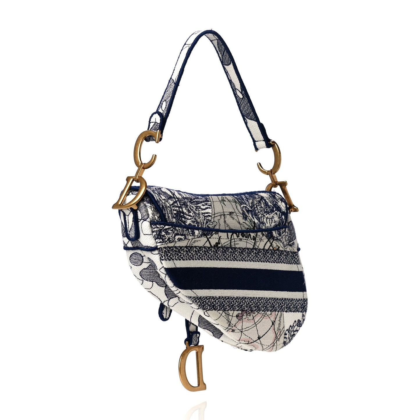 Canvas Embroidered Around the World Saddle Bag Blue