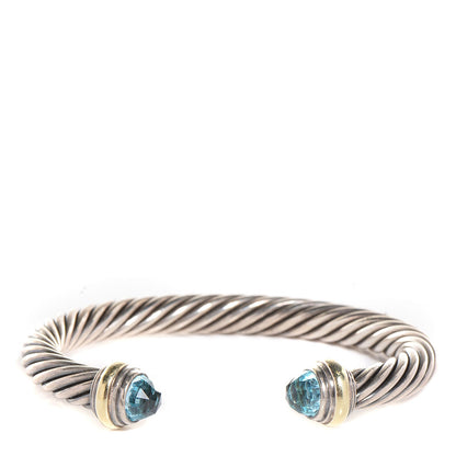 David Yurman Sterling Silver 14K Yellow Gold Blue Topaz 7mm Cable Classics Cuff 1 of 6