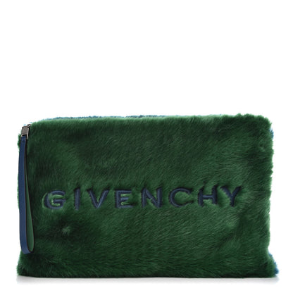 Givenchy Faux Fur Two Tone Large GV3 Pouch Wristlet Green Blue 1 of 8
