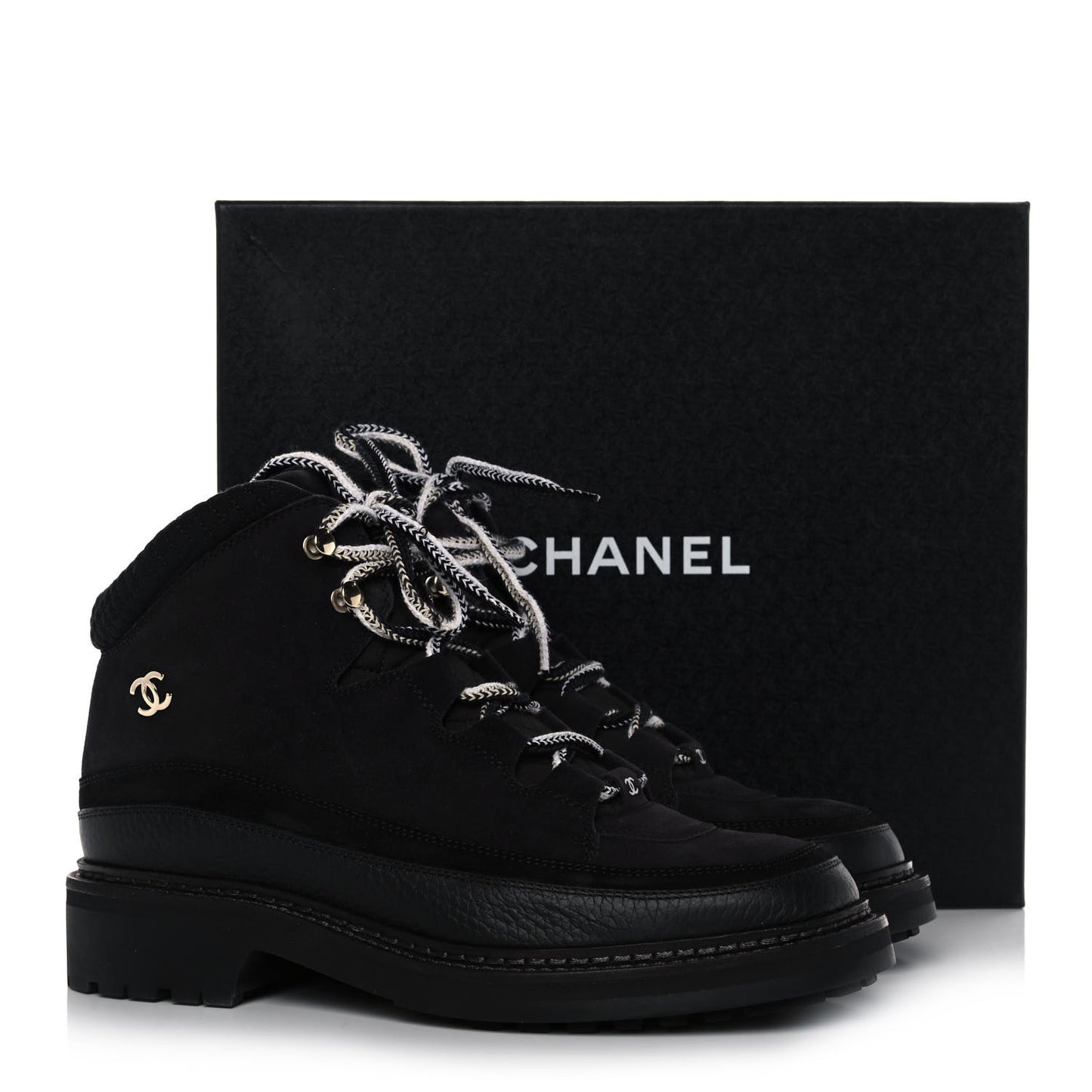 Suede Grained Calfskin CC Lace Up Boots 41 Black