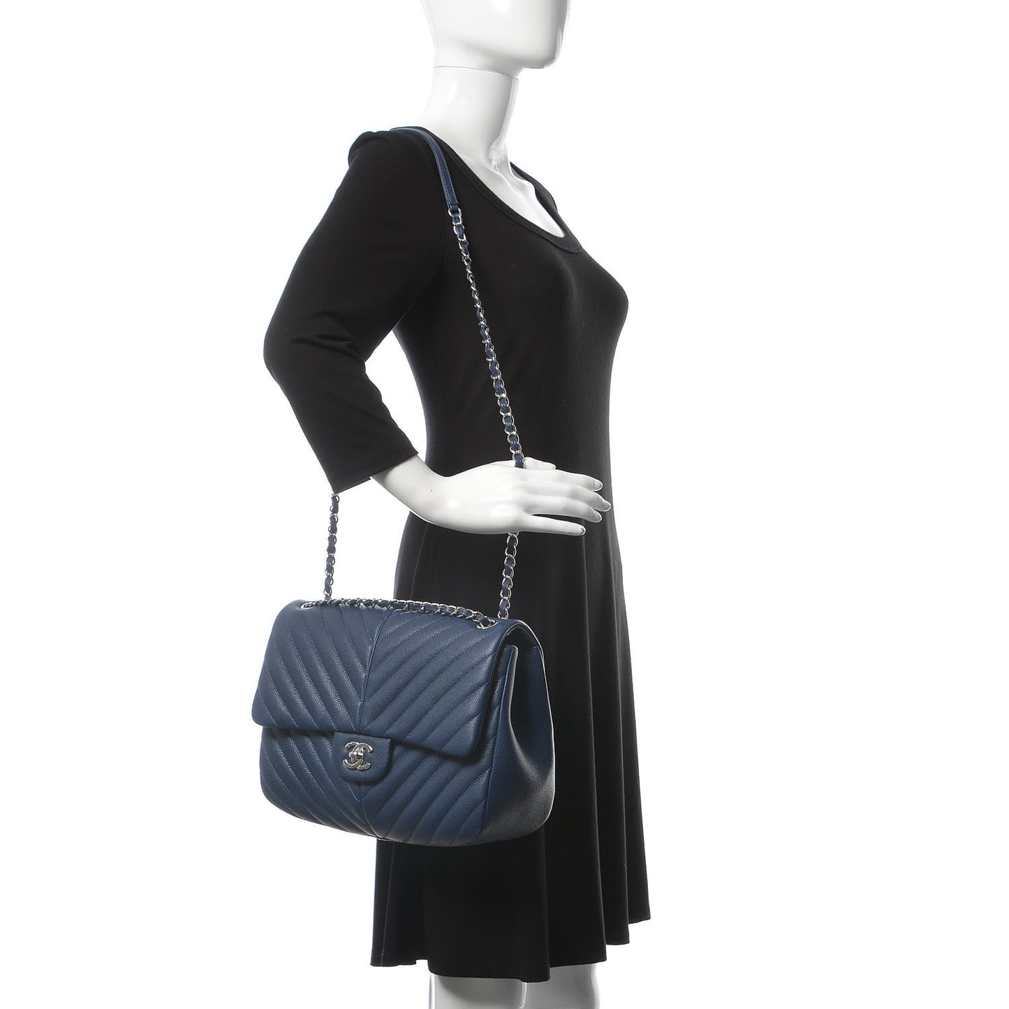 Caviar Chevron Quilted Large Puffy CC Flap Navy