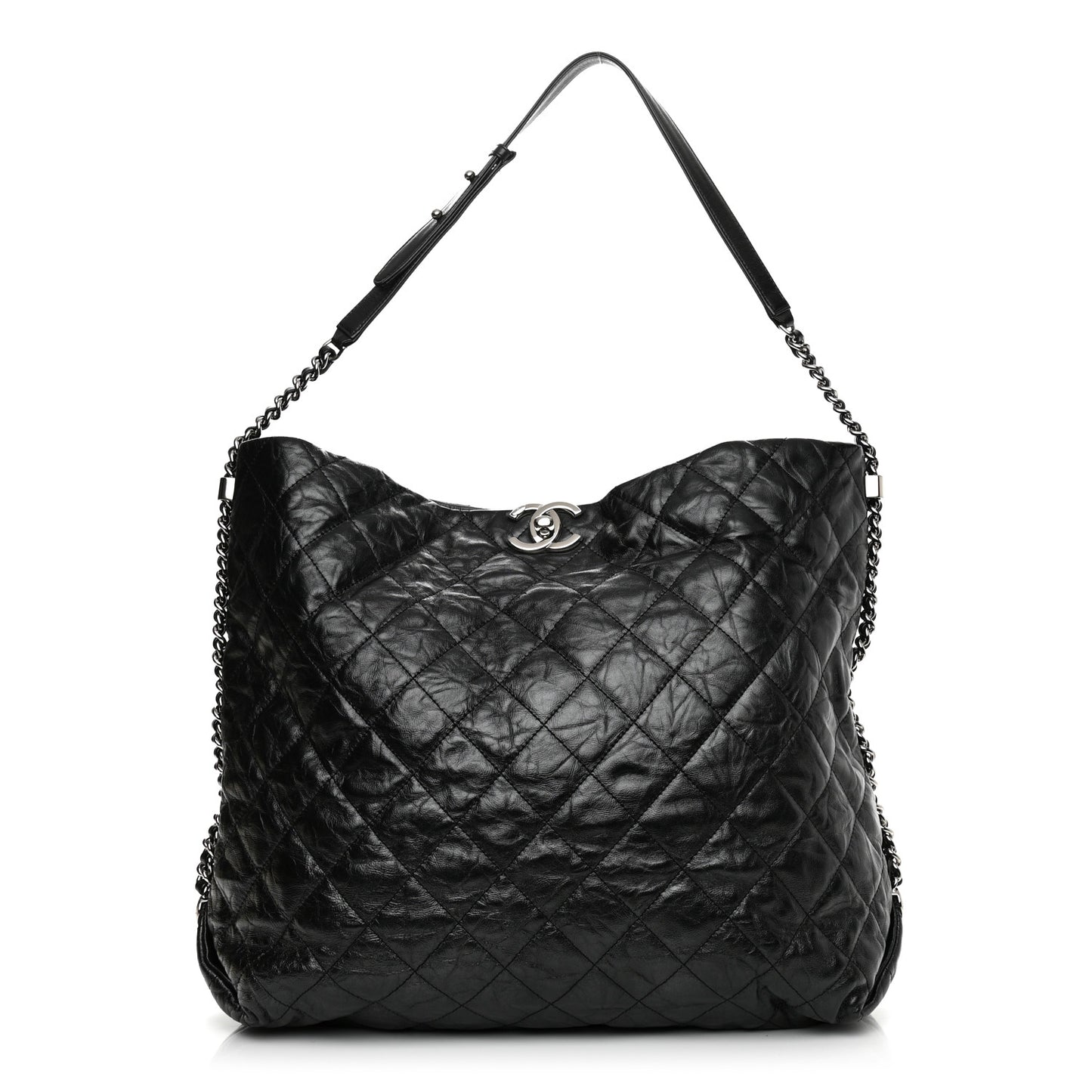 Metallic Crackled Calfskin Quilted Large Big Bang Hobo Black
