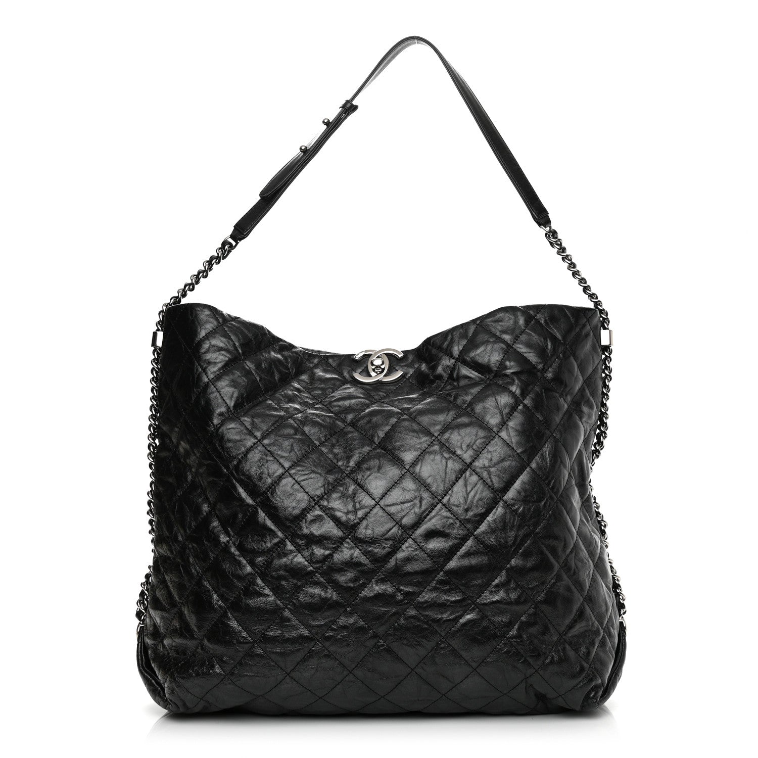 Chanel Metallic Crackled Calfskin Quilted Large Big Bang Hobo Black 1 of 9
