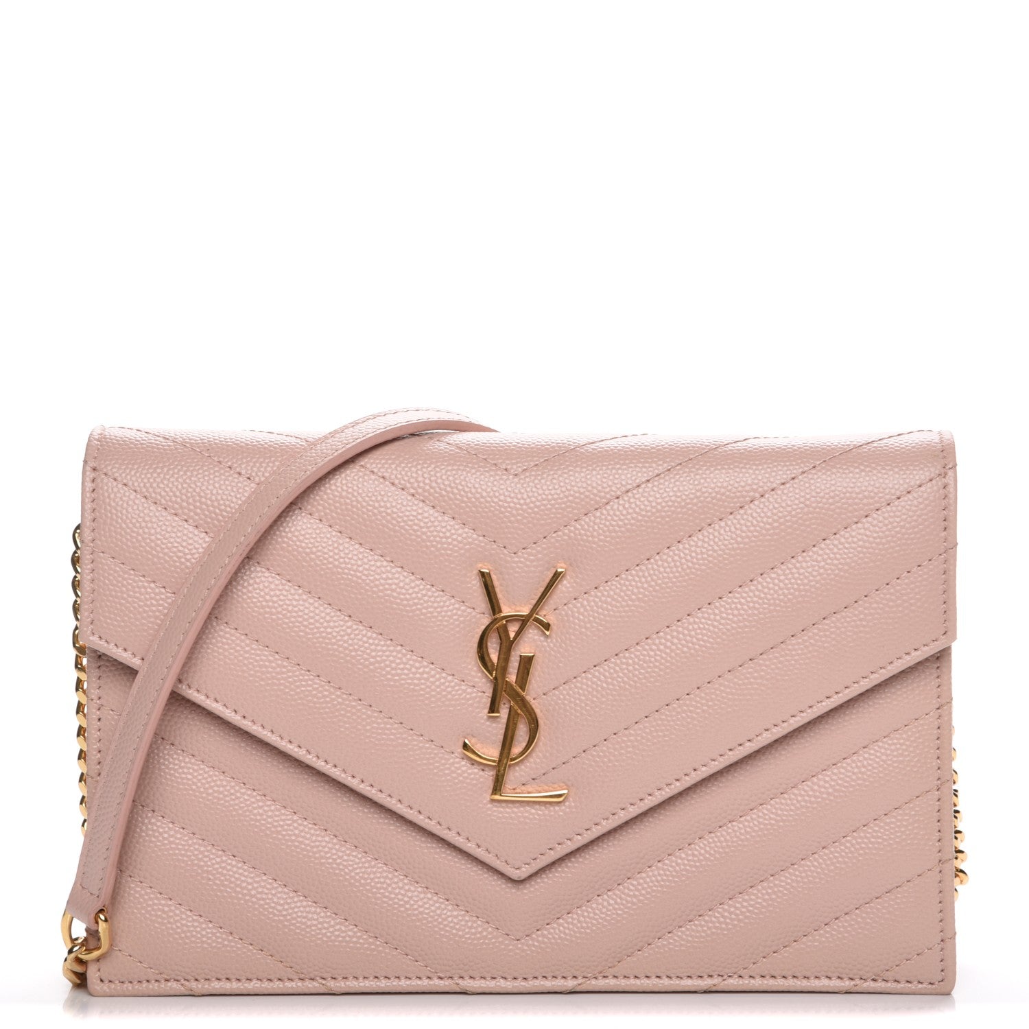Saint Laurent Grain De Poudre Matelasse Chevron Monogram Envelope Chain Wallet Pale Pink 1 of 8