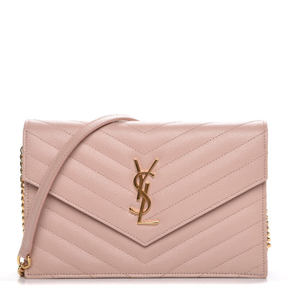 Saint Laurent Grain De Poudre Matelasse Chevron Monogram Envelope Chain Wallet Pale Pink 1 of 8