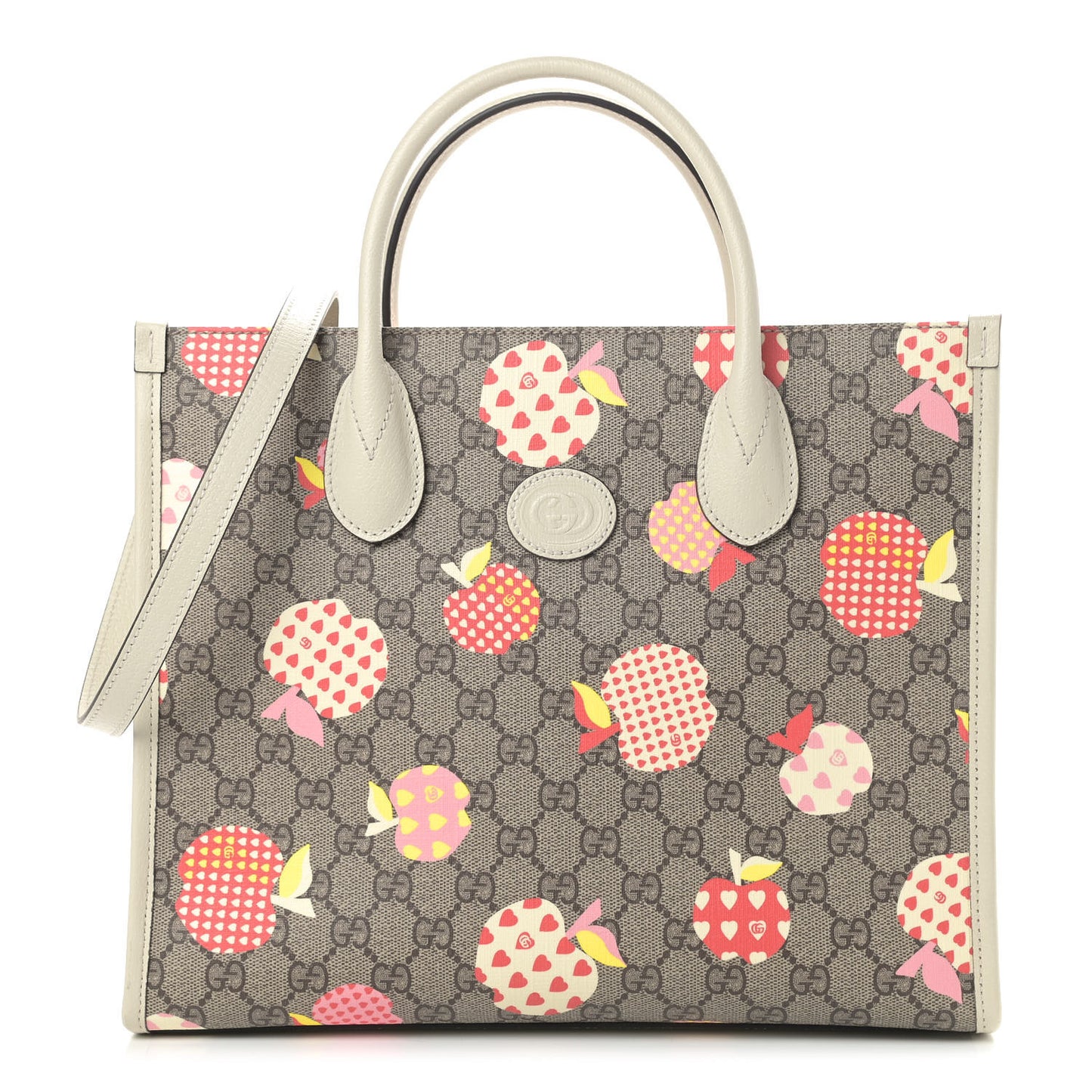 GG Supreme Monogram Textured Calfskin Les Pommes Small Retro Interlocking G Tote Bag Beige Multicolor Mystic White