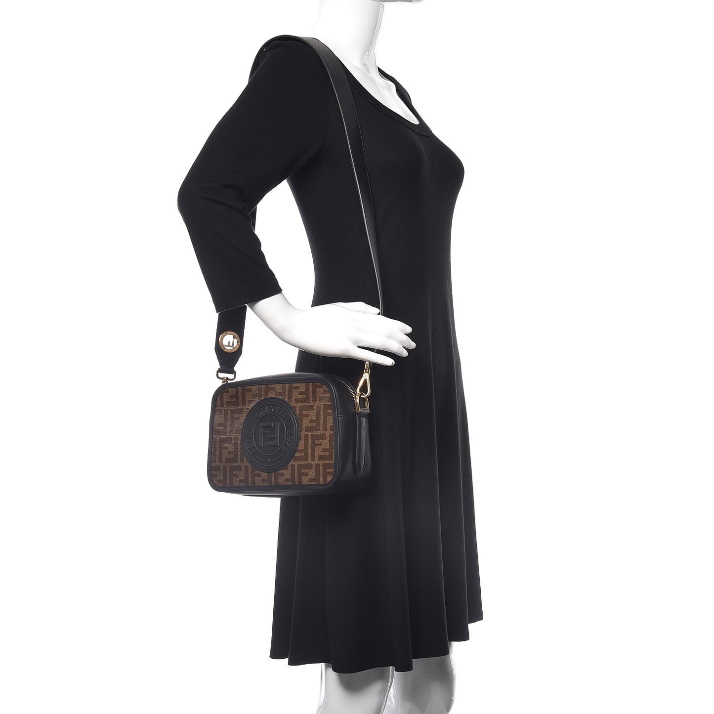 Glazed Fabric Vitello Century F is Fendi FF 1974 Stamp Patch Camera Case Mogano Panna Black