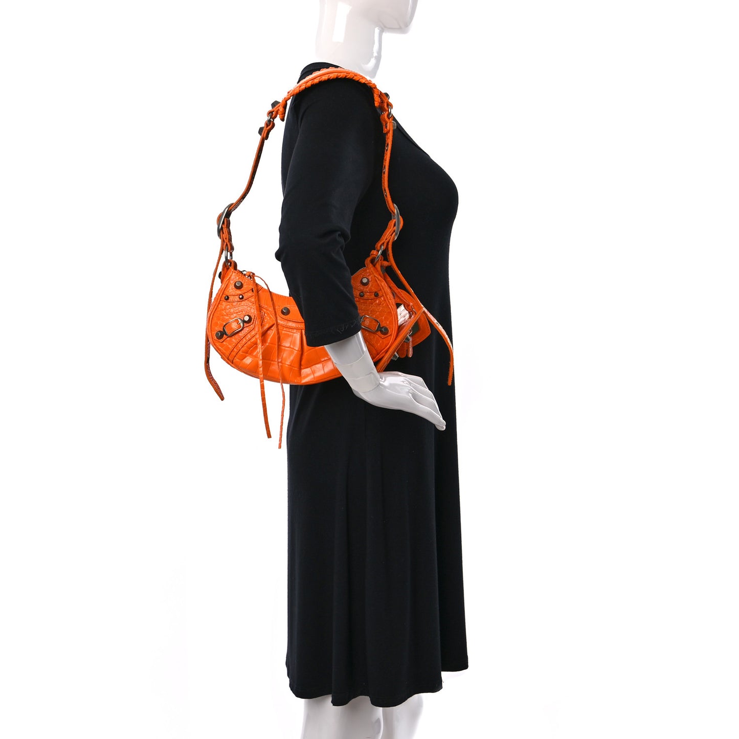 Extra Supple Calfskin Crocodile Embossed Le Cagole Shoulder Bag XS Pop Orange