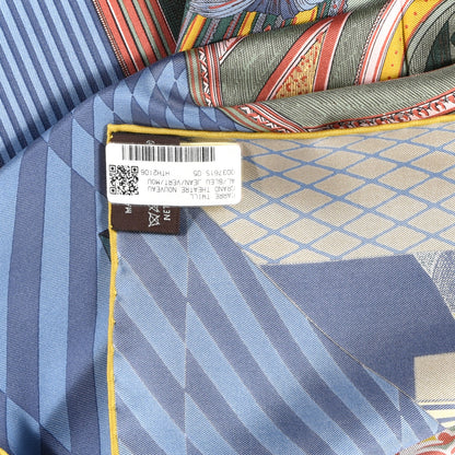 Hermes Silk Twill Grande Theatre Nouveau Scarf 90 Bleu Jean Vert Moutarde 3 of 3