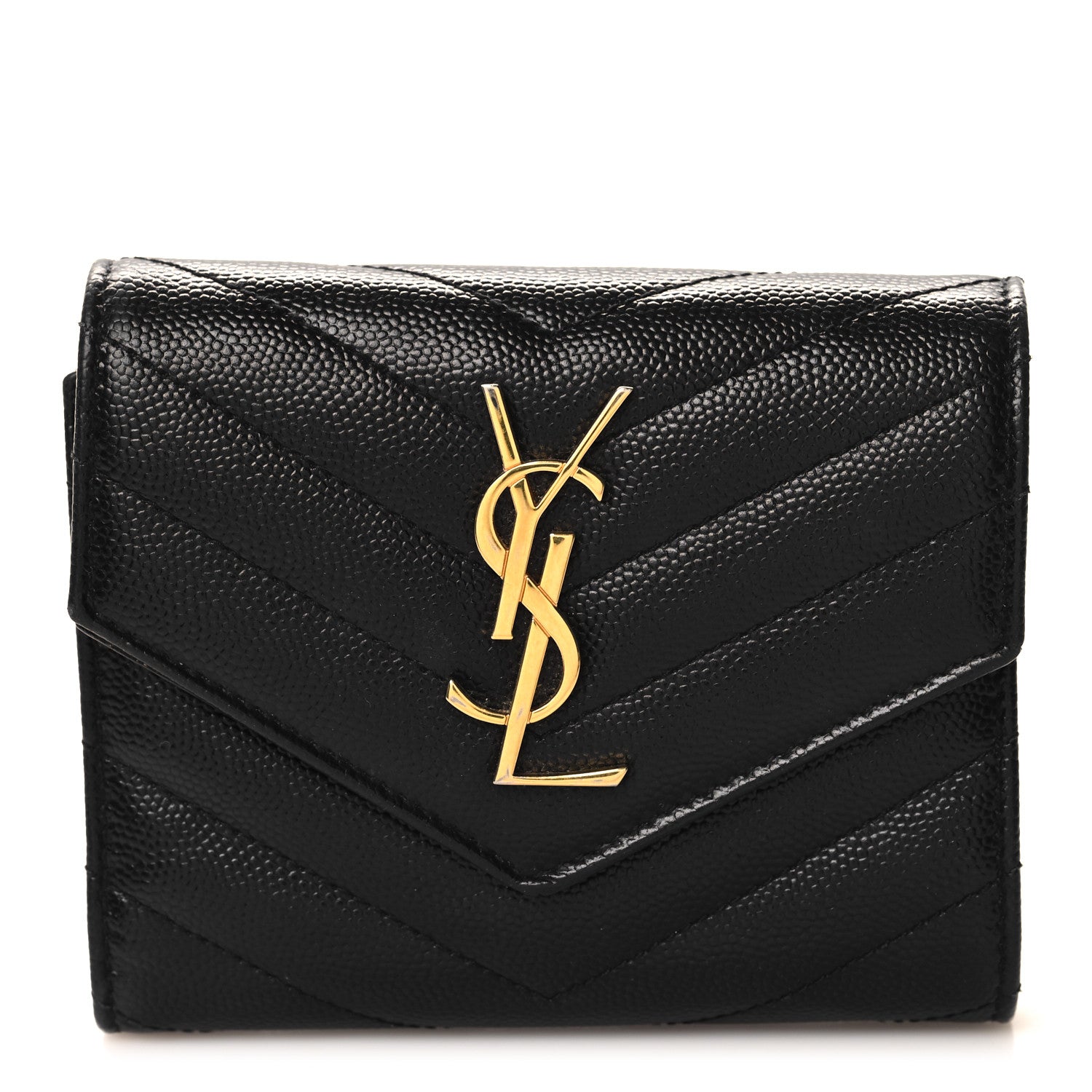 Saint Laurent Grain De Poudre Matelasse Chevron Monogram Compact Tri Fold Wallet Black 1 of 6