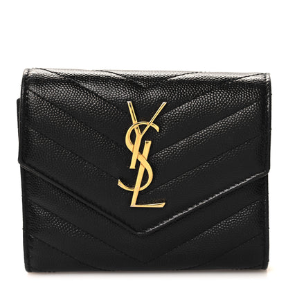 Saint Laurent Grain De Poudre Matelasse Chevron Monogram Compact Tri Fold Wallet Black 1 of 6
