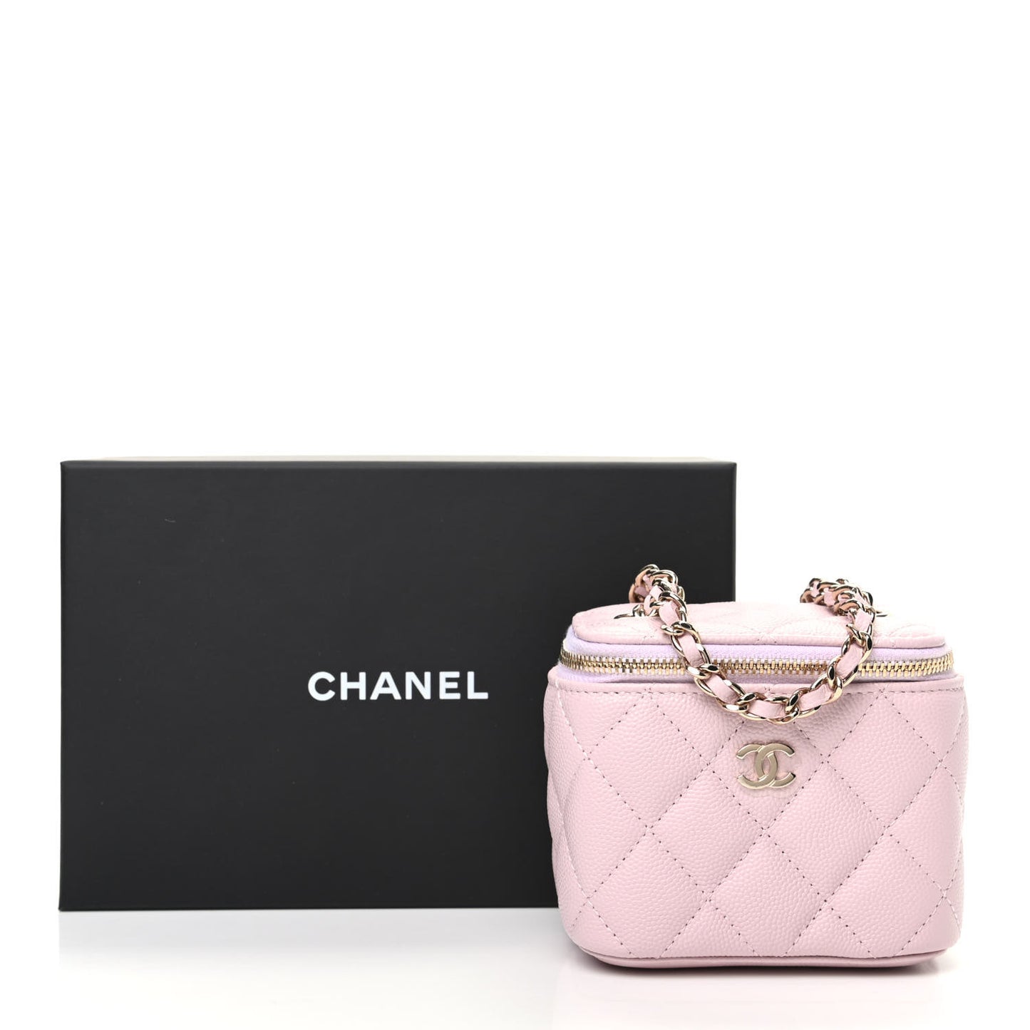 Caviar Quilted Mini Vanity Case With Chain Light Pink
