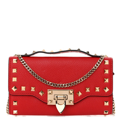 Valentino Garavani Pebbled Calfskin Rockstud Flip Lock Wallet On Chain Rouge Pur 1 of 11