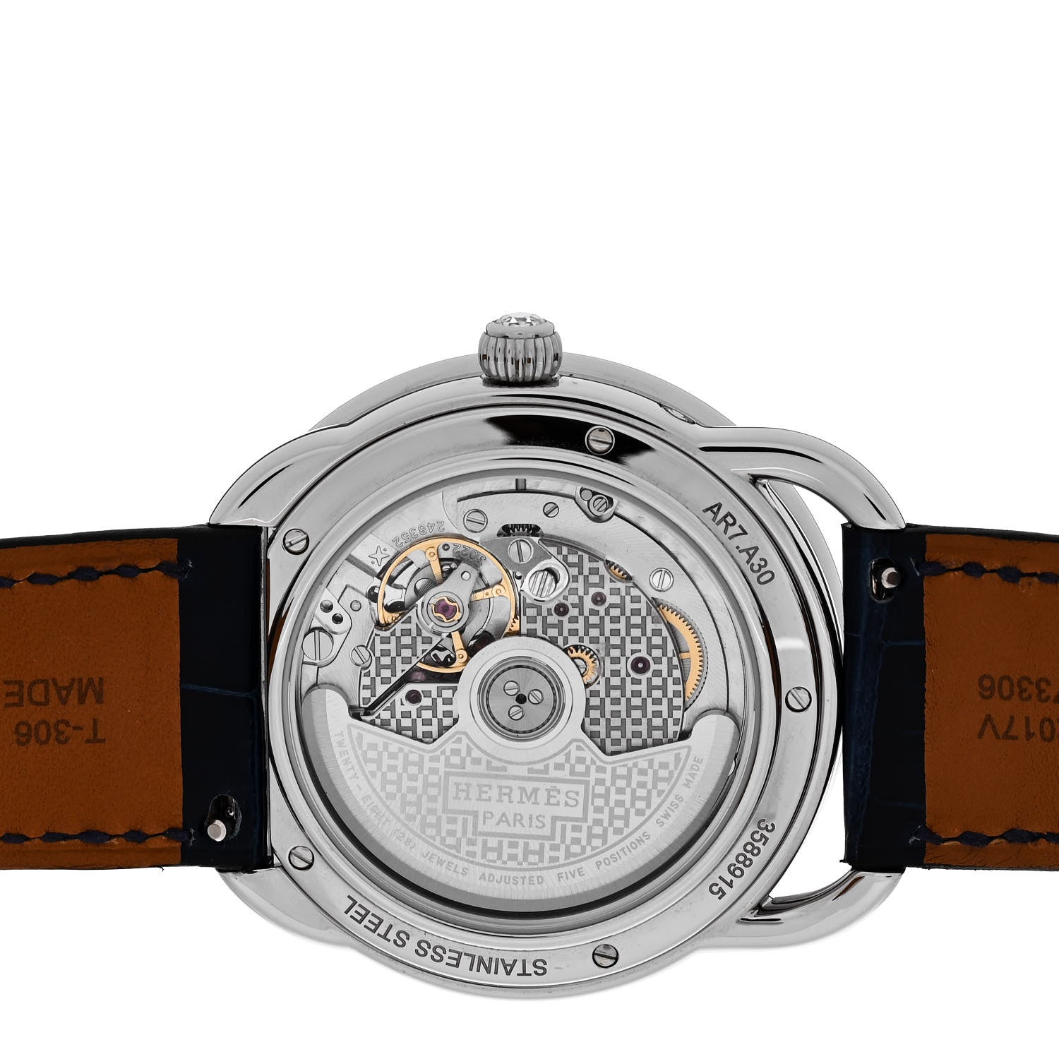 Hermes Stainless Steel Alligator Diamond Blue Sapphire Mother of Pearl 38mm Arceau Petite Lune Automatic Watch Bleu Saphir 4 of 5