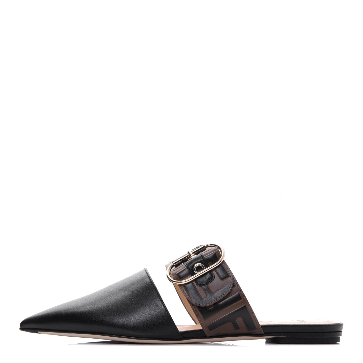 Fendi Vitello FF Embossed Buckle Flat Mules 37 Maya Black 1 of 8