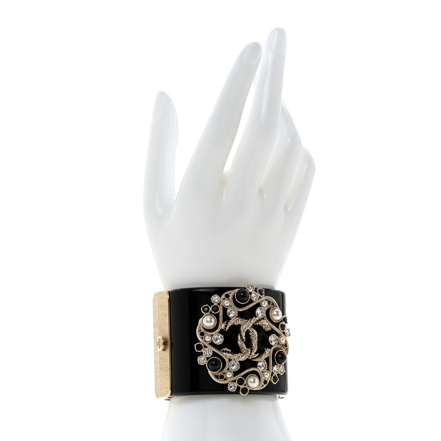Resin Crystal Pearl Flower CC Cuff Black