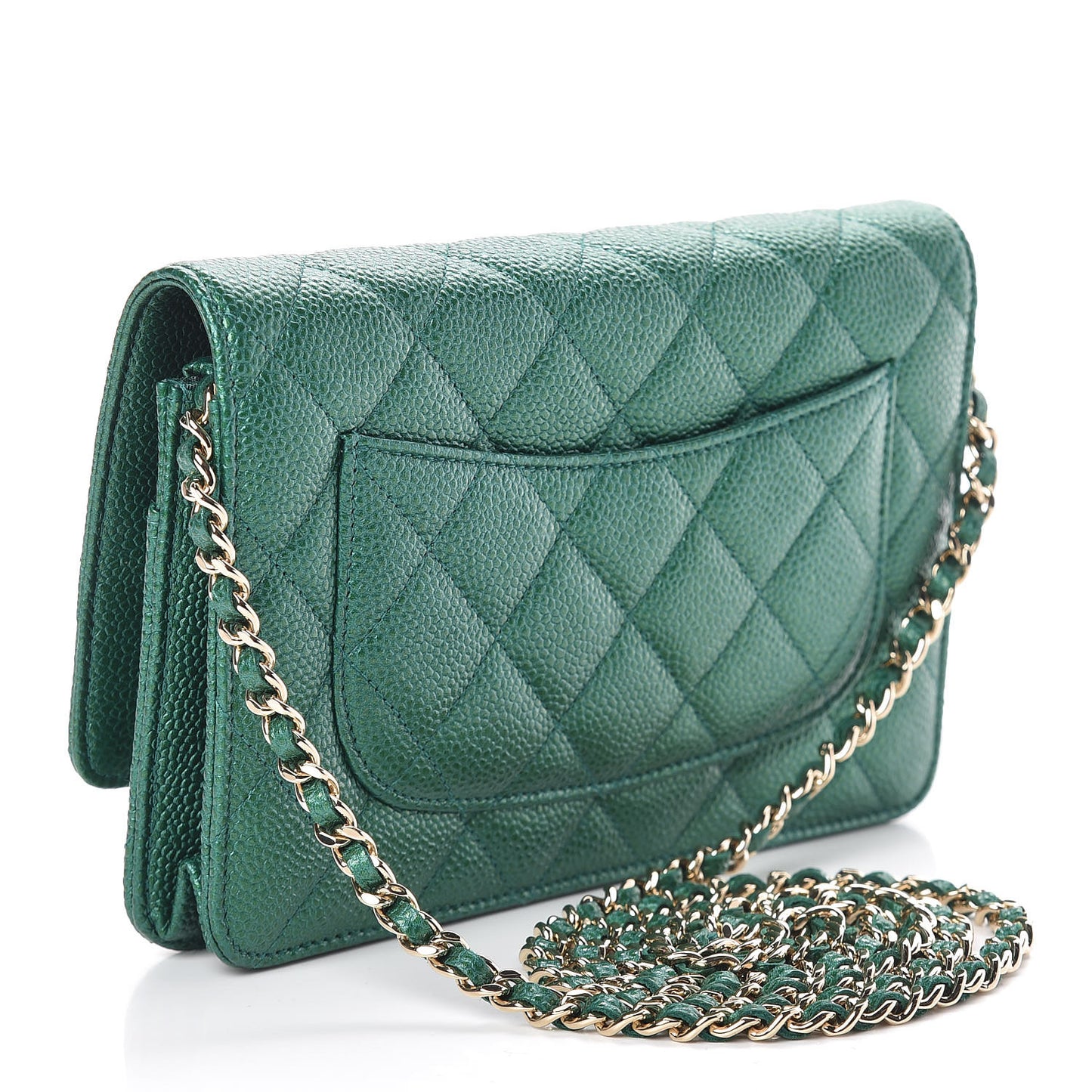 Metallic Caviar Quilted Wallet On Chain WOC Green