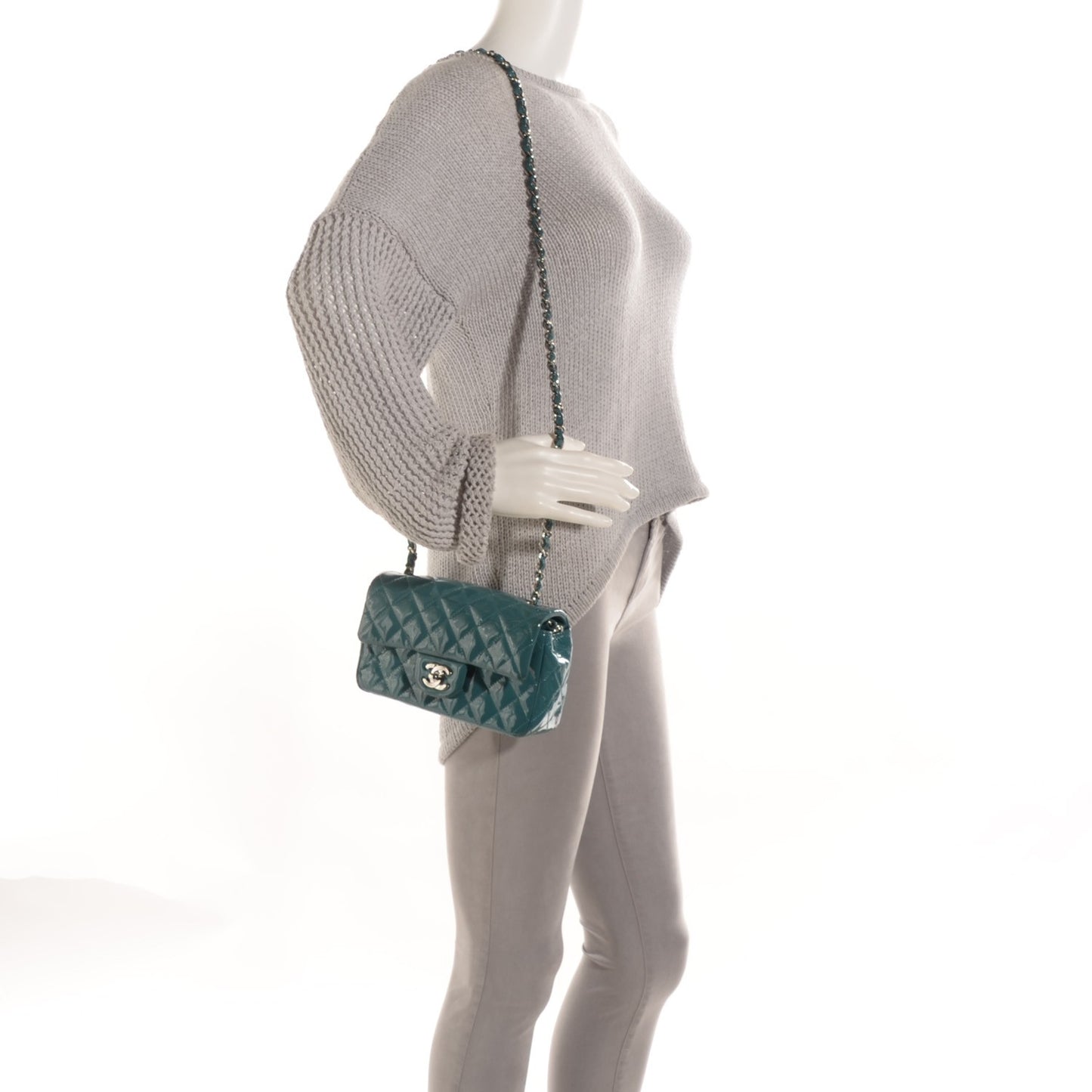 Patent Calfskin Quilted Mini Rectangular Flap Turquoise