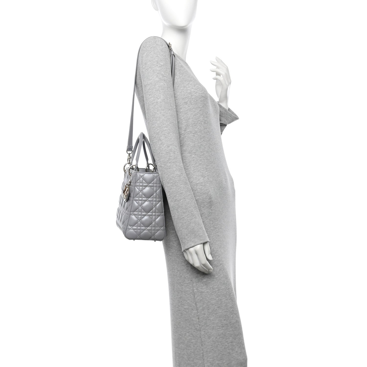Christian Dior Pearly Lambskin Cannage Medium Lady Dior Grey 2 of 11