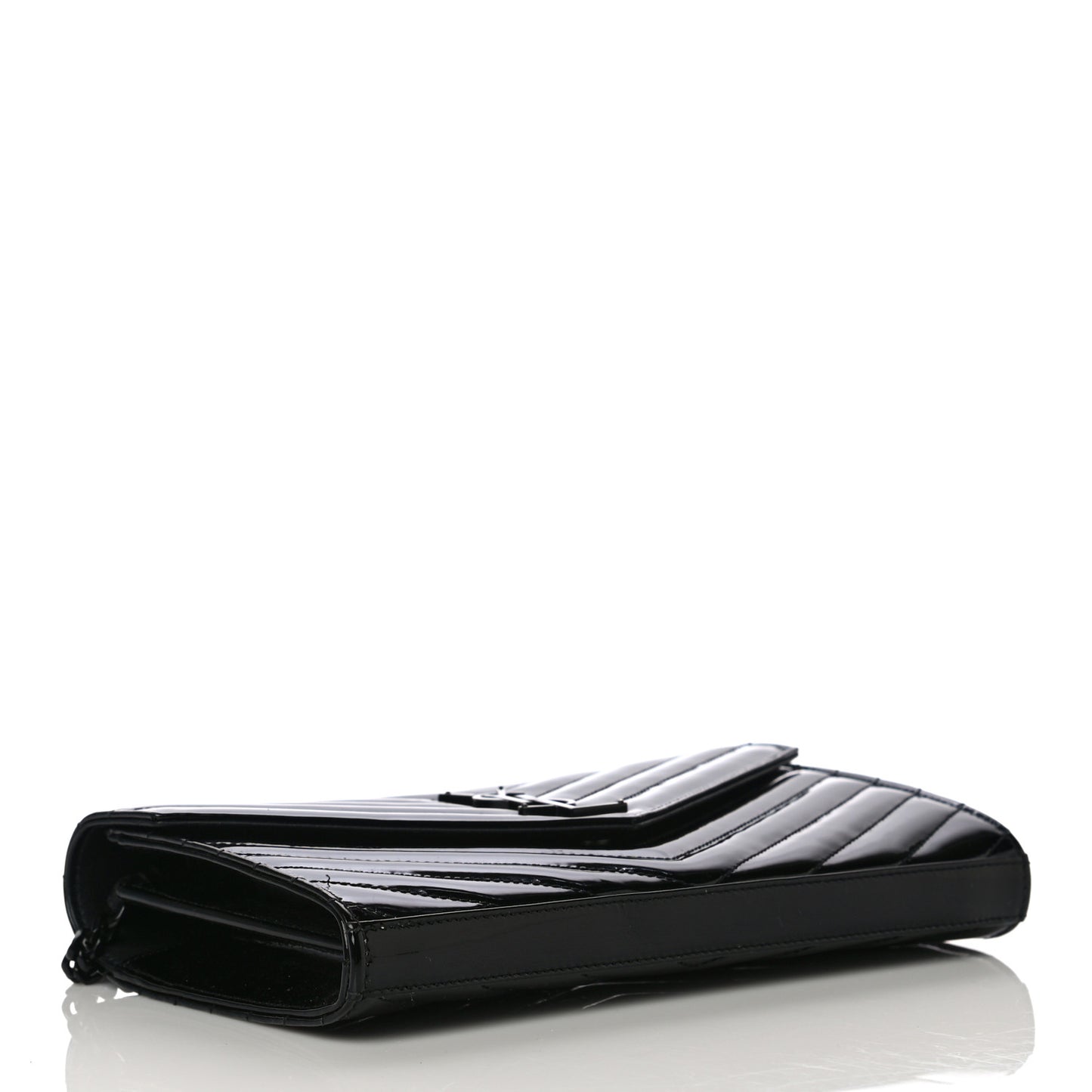 Patent Matelasse Chevron Monogram Chain Wallet Black