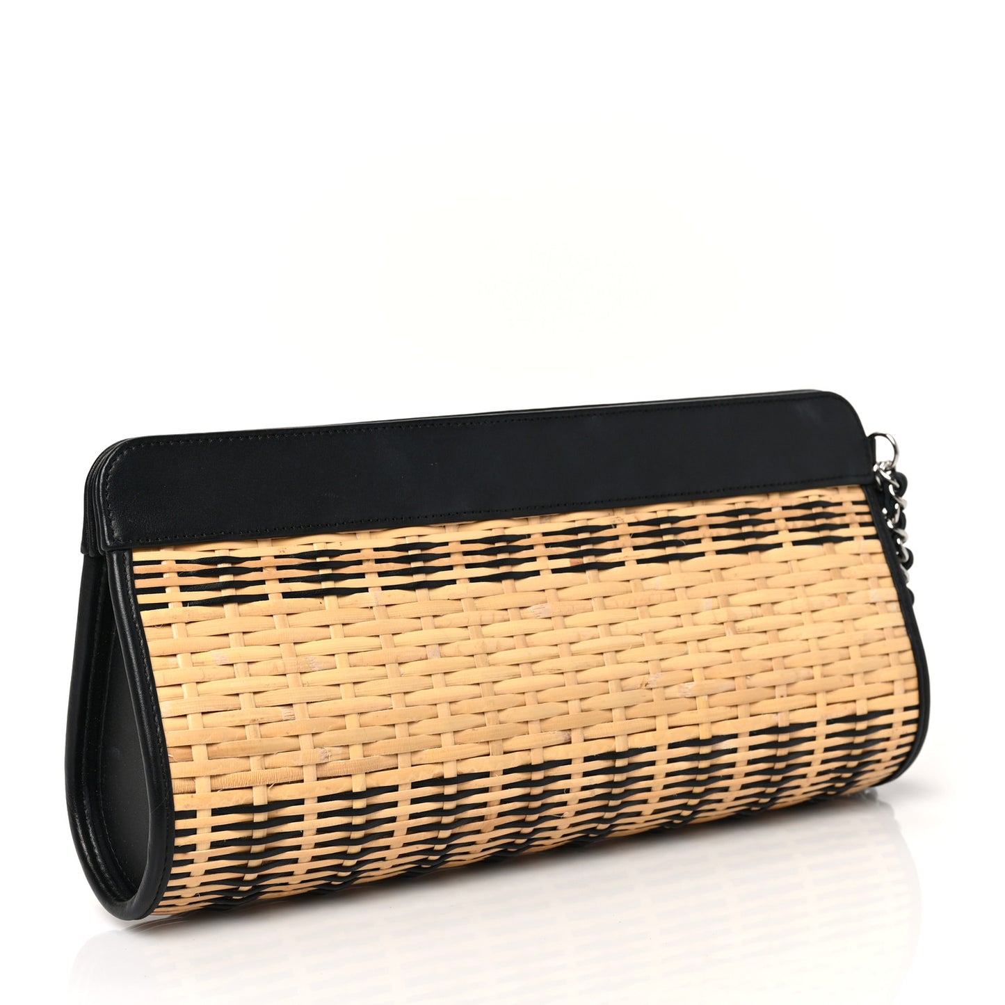 Rattan Calfskin CC Chain Wristlet Clutch Black Beige