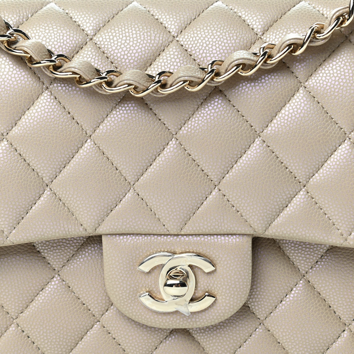 Iridescent Caviar Quilted Medium Double Flap Dark Beige