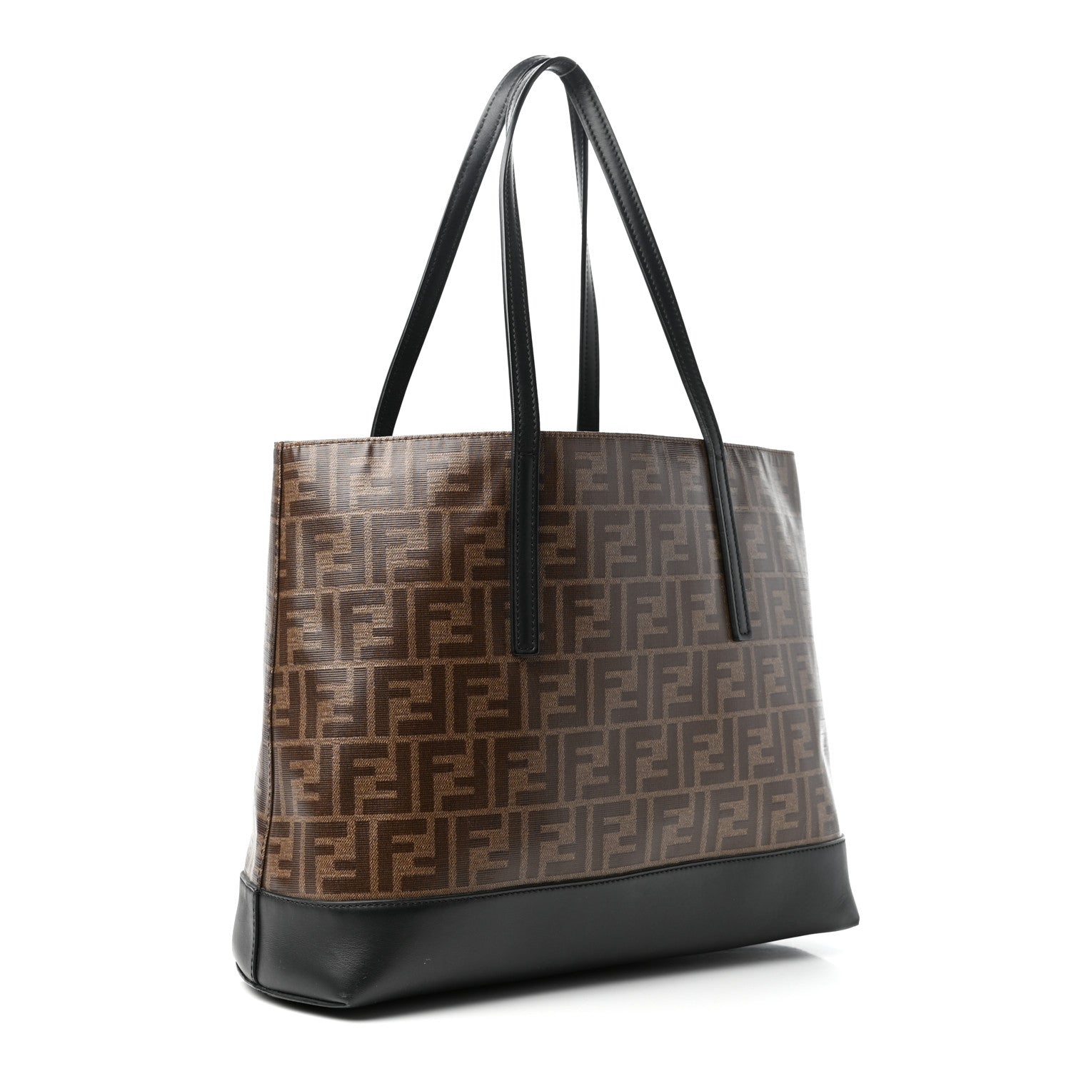 Fendi Glazed Fabric Vitello Century FF 1974 Stamp Patch Shopping Tote Mogano Panna Black 3 of 10