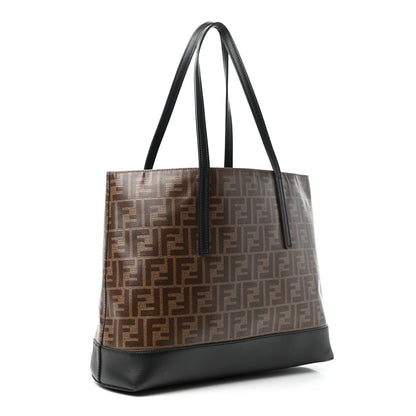 Fendi Glazed Fabric Vitello Century FF 1974 Stamp Patch Shopping Tote Mogano Panna Black 3 of 10