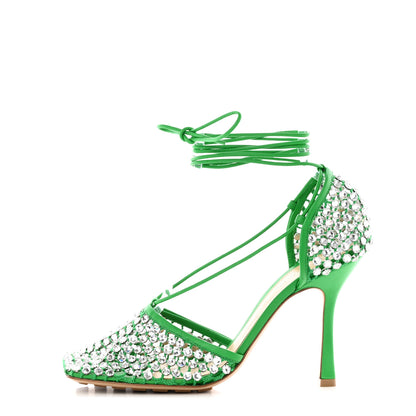 Bottega Veneta Mesh Nappa Crystal Embellished Sparkle Stretch Ankle Tie Sandals 41 Parakeet 1 of 15
