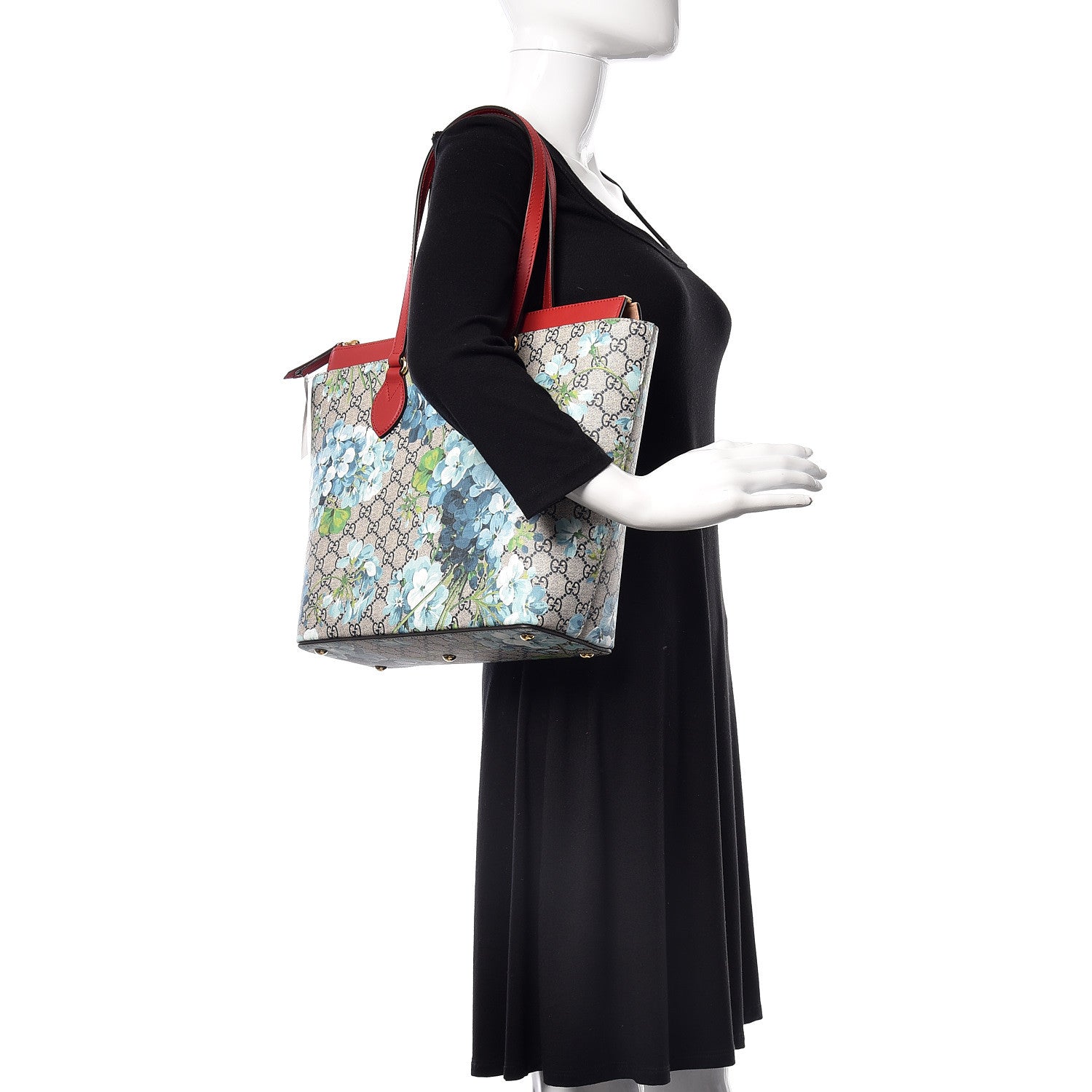 Gucci GG Supreme Monogram Blooms Medium Zippered Bucket Tote Beige Blue Navy Hibiscus Red 2 of 9
