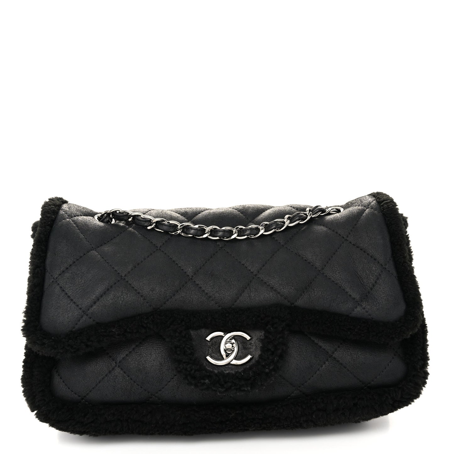 Shearling Quilted Jumbo Single Flap Black